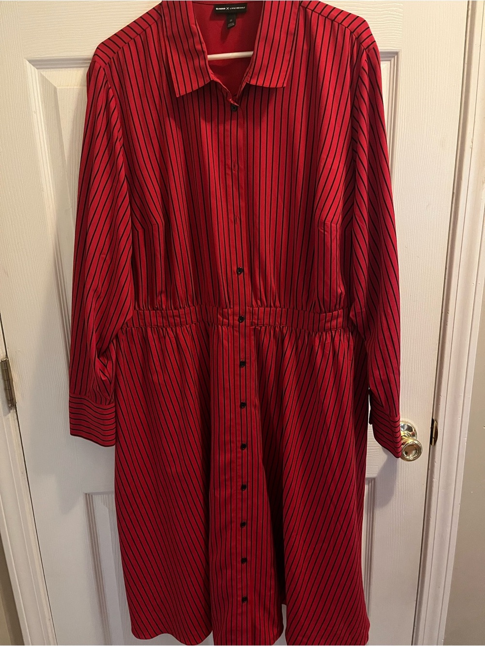 Classic Red Striped Long-Sleeve Shirt Dress by Lane Bryant